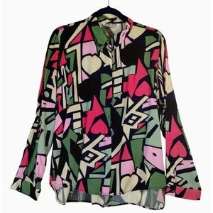 Big Dart Shirt Women's L Graphic Buttons Long Sleeve Hot Pink Disco Art to Wear